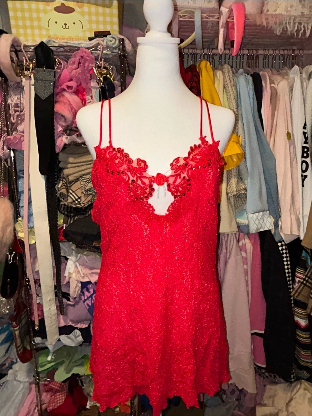 Red Lace Chemise with Floral Appliqué